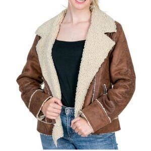 Women’s Brown Faux-Suede Sherpa-Lined Bomber Jacket